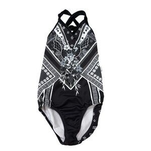 Sylvia P Child 8 Black & White Crossback Gymnastics Leotard With Geometric Flora